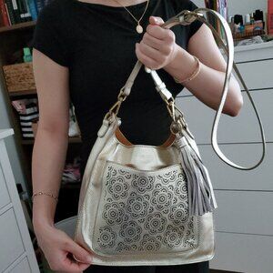 J.W. Hulme Metallic Gold Leather Floral Crossbody Saddle Bag w/ Tassel